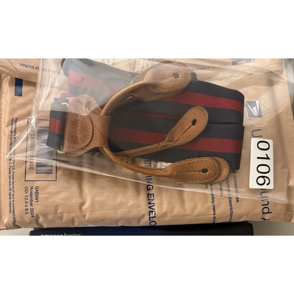 Trafalger Textured Navy Red Stripes Suspenders Gold Hardware Leather Attachments - Picture 12 of 12